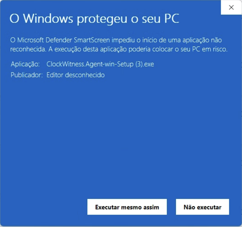 O mesmo ecrã, expandido, mostrando Editor desconhecido e o botão Executar mesmo assim
