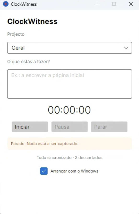 Janela do ClockWitness pronta a começar: projecto Geral seleccionado, temporizador em 00:00:00, botão Iniciar activo