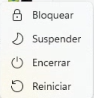 Menu de energia do Windows com as opções Bloquear, Suspender, Encerrar e Reiniciar